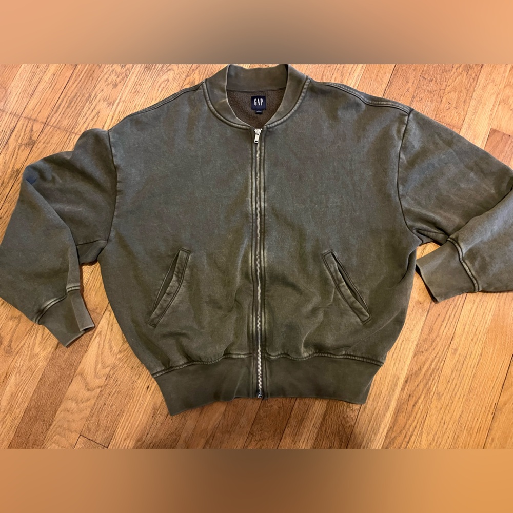 GAP Vintage Soft Fleece Bomber Zip up Relaxed Large Jacket Sweatshirt EUC! Green